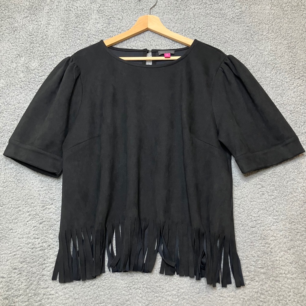 Vince Camuto Top Women XL Black Faux Suede Fringe Puff Sleeve Whimsigoth Western